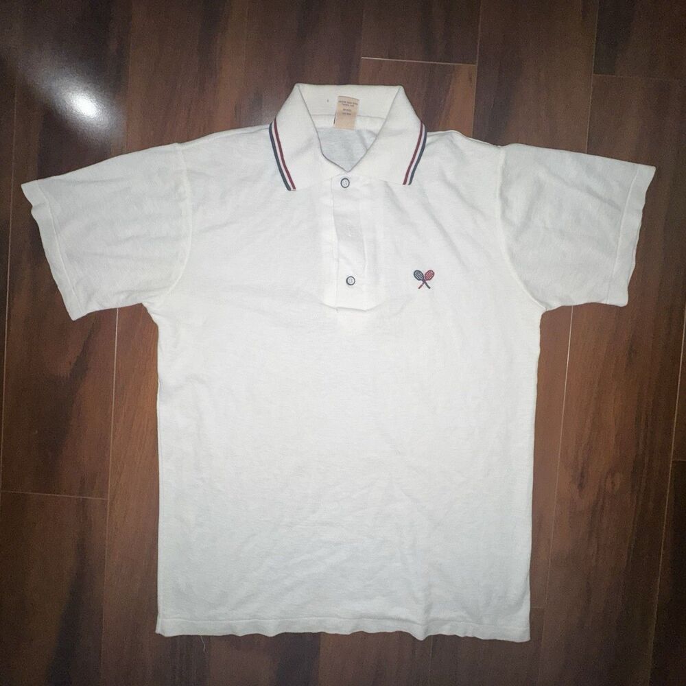 Vintage 70s/80s Sport-Knit Tennis Polo Shirt White Racquets Striped M Mens